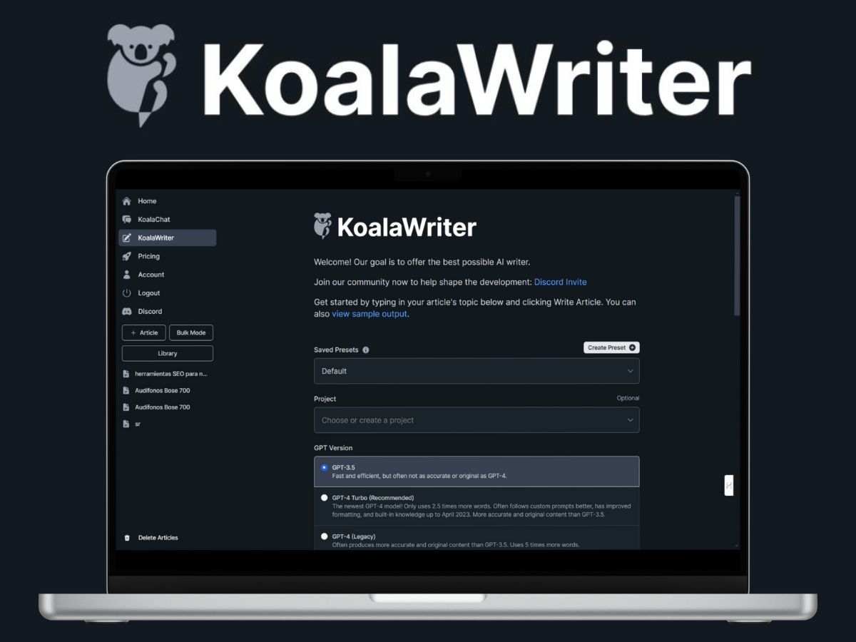 KoalaWriter: Probablemente el Escritor IA más completo, genera contenido informativo y transaccional