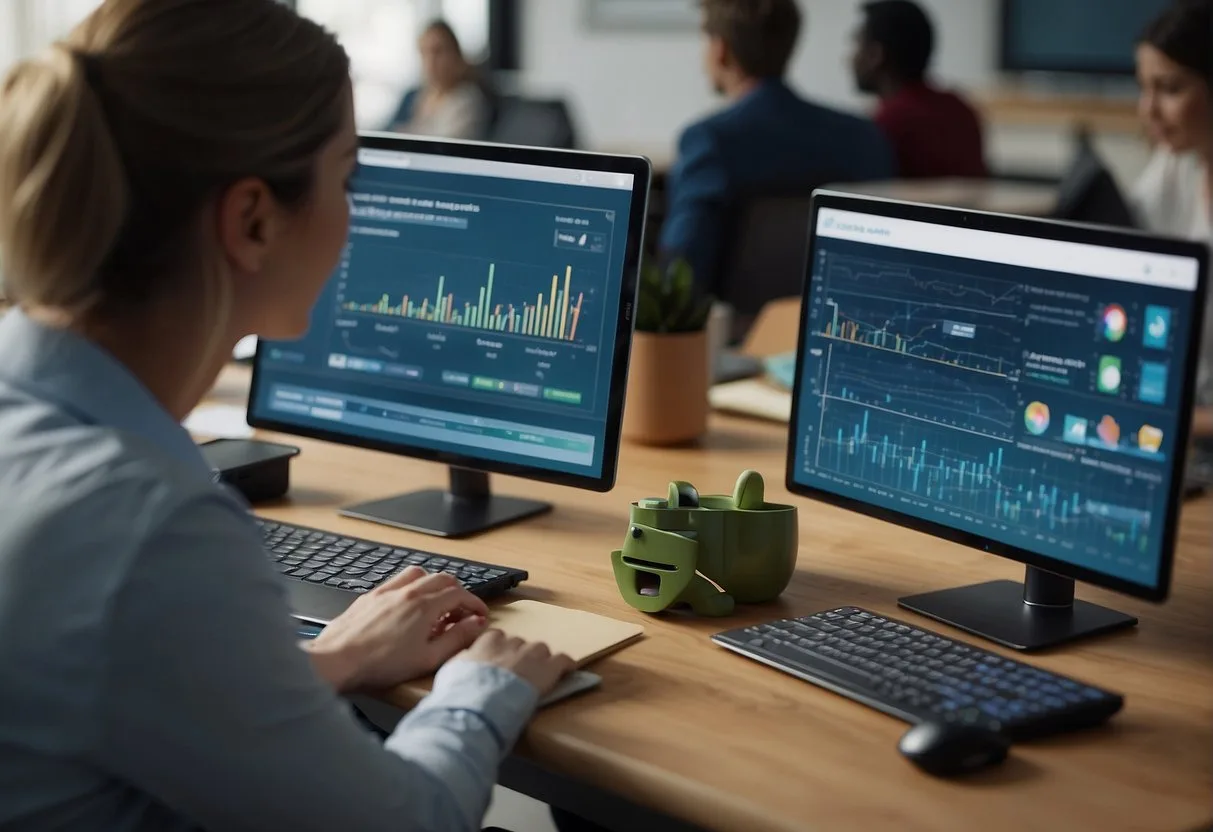 Las Mejores Herramientas de IA para Profesores: Mejore su Enseñanza con Tecnología Avanzada 2 A classroom setting with AI tools displayed on a desk, including a smart board, tablets, and laptops. A teacher is interacting with the AI tools to create educational materials
