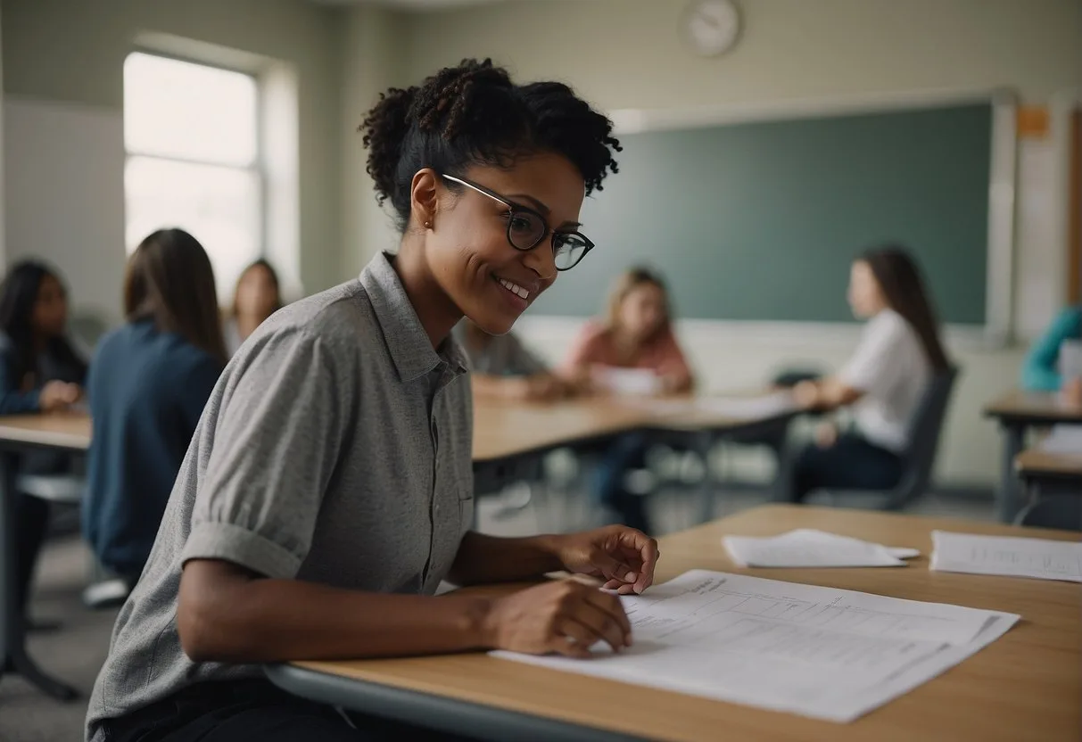 Las Mejores Herramientas de IA para Profesores: Mejore su Enseñanza con Tecnología Avanzada 3 A teacher uses AI tools to assess and grade students' work in a modern classroom setting