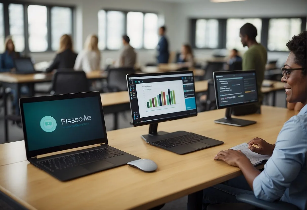 Las Mejores Herramientas de IA para Profesores: Mejore su Enseñanza con Tecnología Avanzada 4 A classroom setting with AI tools displayed on a desk, including a laptop, tablet, and smart speaker. A teacher stands at the front, interacting with the AI technology to support their teaching