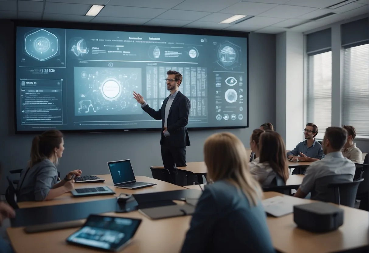 Las Mejores Herramientas de IA para Profesores: Mejore su Enseñanza con Tecnología Avanzada 5 A futuristic classroom with AI tools displayed on a smart board, surrounded by eager students and a teacher engaging with the technology