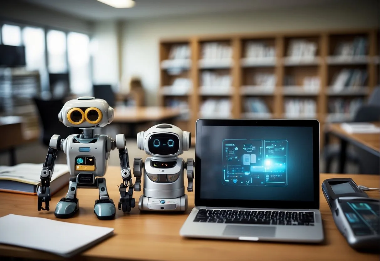 Las Mejores Herramientas de IA para Profesores: Mejore su Enseñanza con Tecnología Avanzada 6 A classroom with various AI tools on a desk, including a smart board, tablets, and a robot assistant. Books and educational materials are organized neatly on shelves