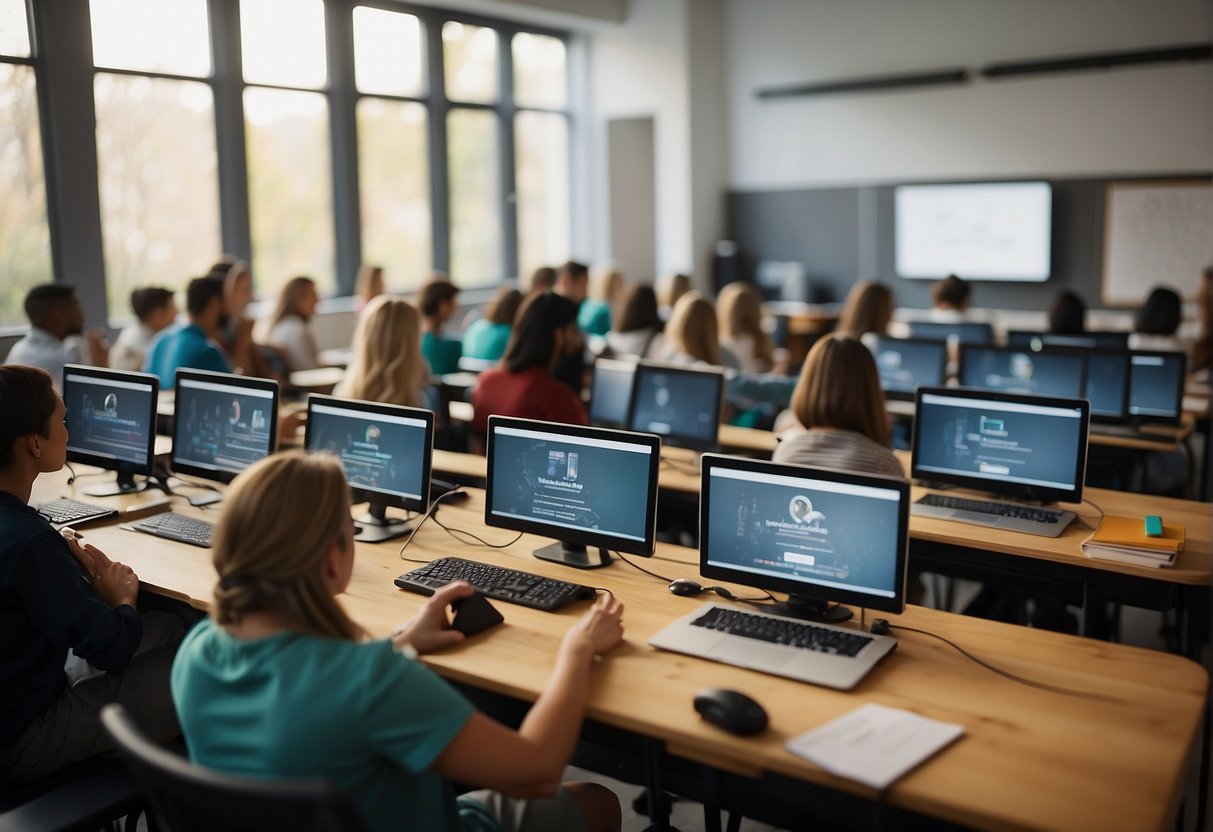 A classroom setting with AI tools in use, such as virtual tutors and personalized learning platforms, aiding teachers in educating students