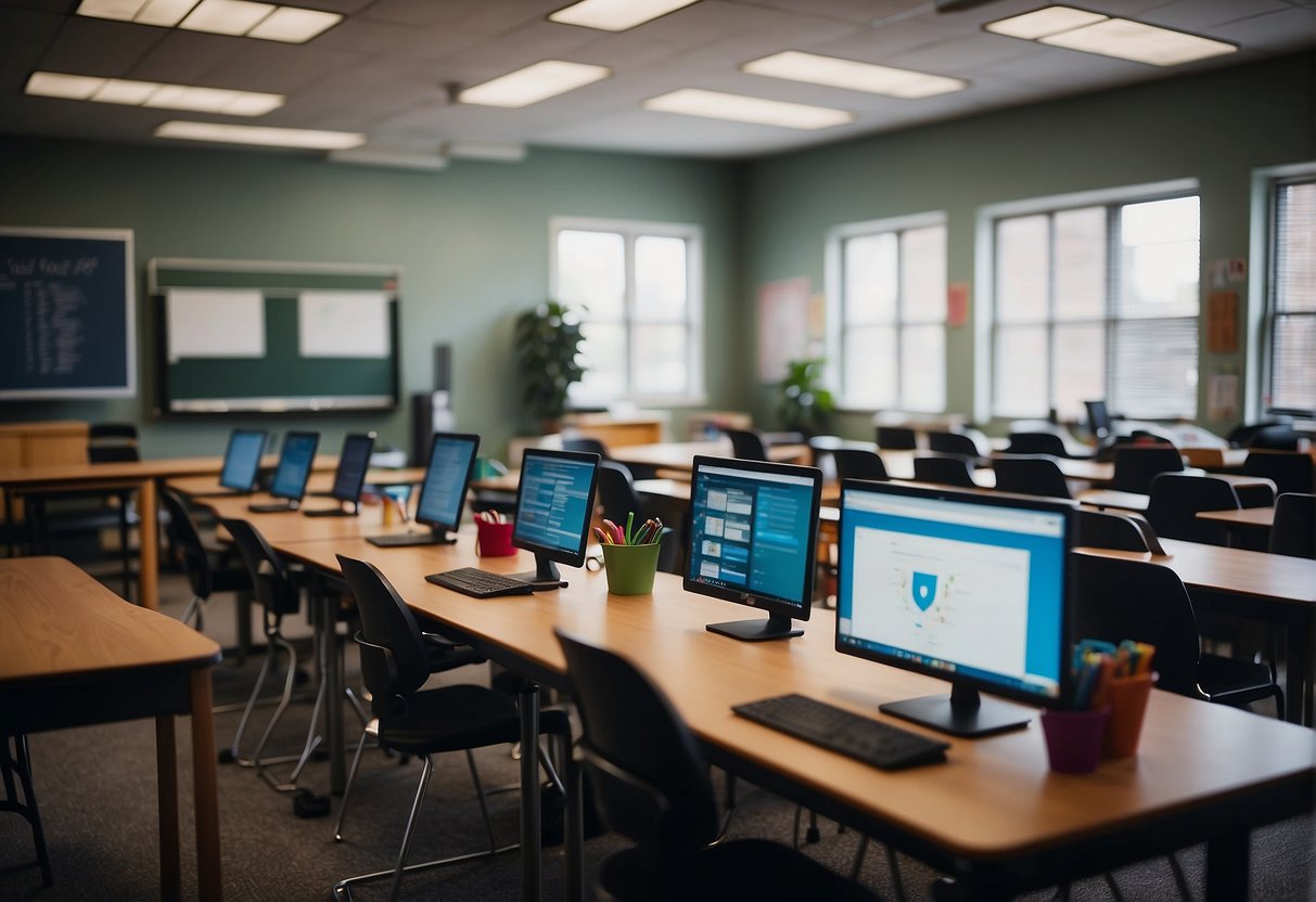 A classroom setting with AI tools like virtual assistants and personalized learning software aiding teachers in delivering effective and engaging education