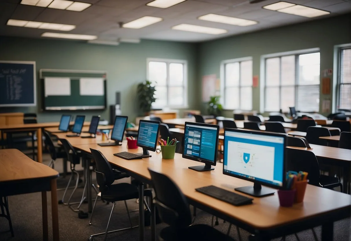Las Mejores Herramientas de IA para Profesores: Mejore su Enseñanza con Tecnología Avanzada 9 A classroom setting with AI tools like virtual assistants and personalized learning software aiding teachers in delivering effective and engaging education