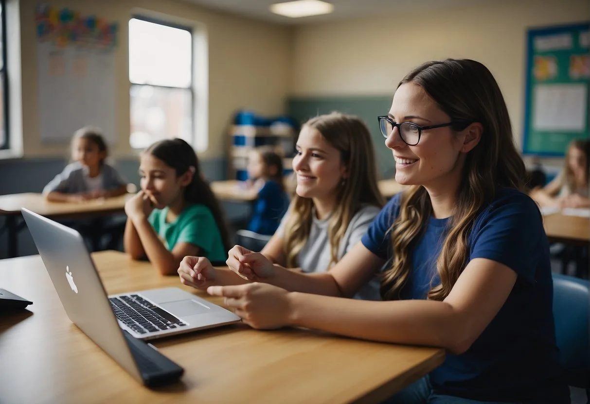 Las Mejores Herramientas de IA para Profesores: Mejore su Enseñanza con Tecnología Avanzada 10 A classroom setting with a teacher using AI tools to engage students in interactive learning activities