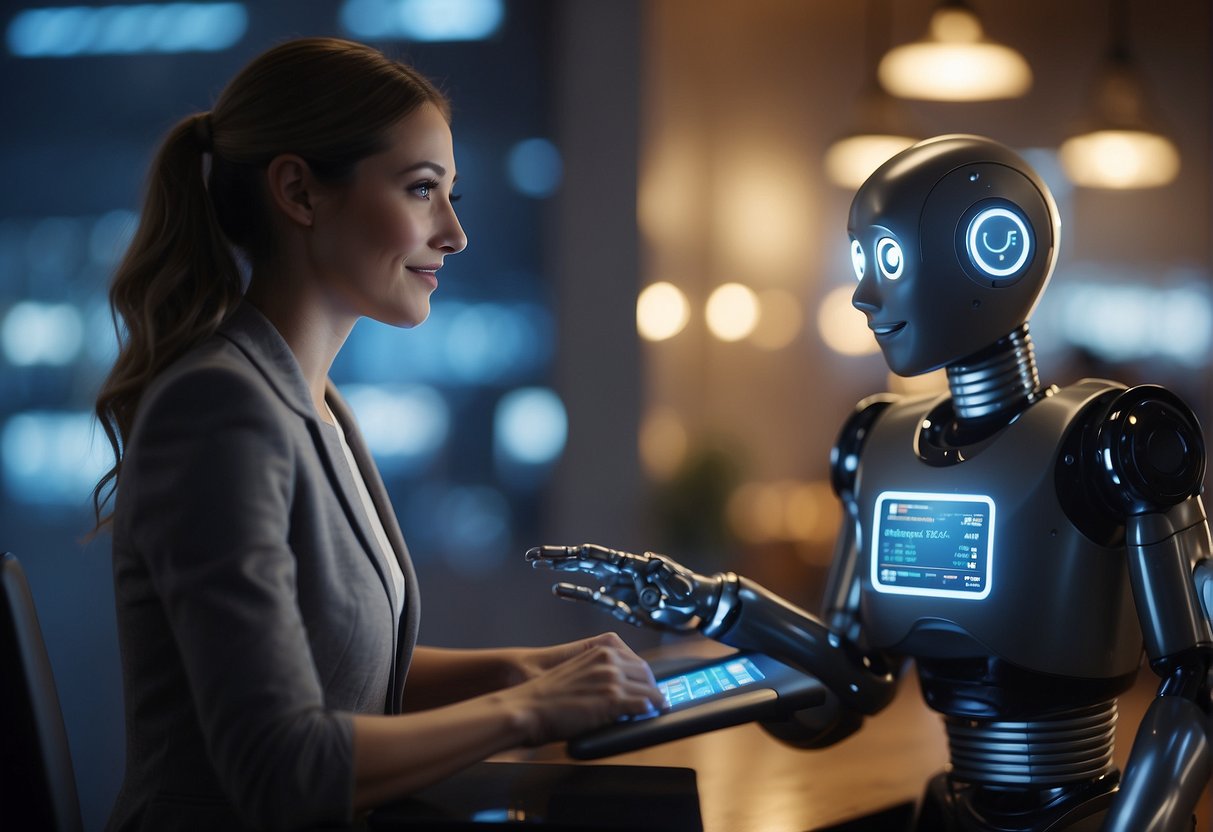 A chatbot and virtual assistant provide customer service using AI tools. The scene shows them interacting with customers through digital interfaces
