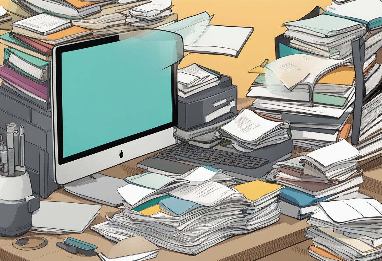 A cluttered desk with a computer, books, and papers. AI software open on the screen. A thought bubble with "IA" above the computer