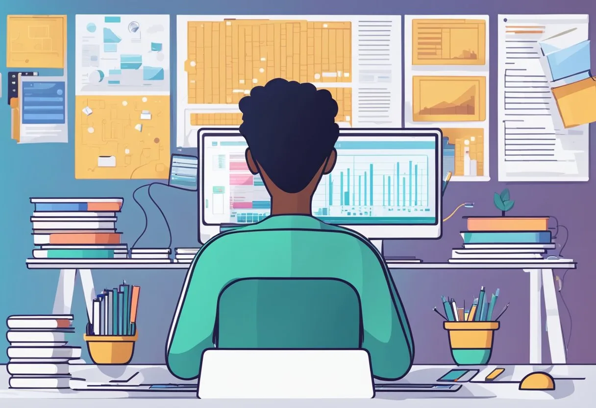 Las Mejores Herramientas de IA para Investigación Académica: Guía Completa 5 A computer with AI tools, books, and research papers scattered on a desk. A person typing on a keyboard, with AI algorithms and data visualizations on the screen