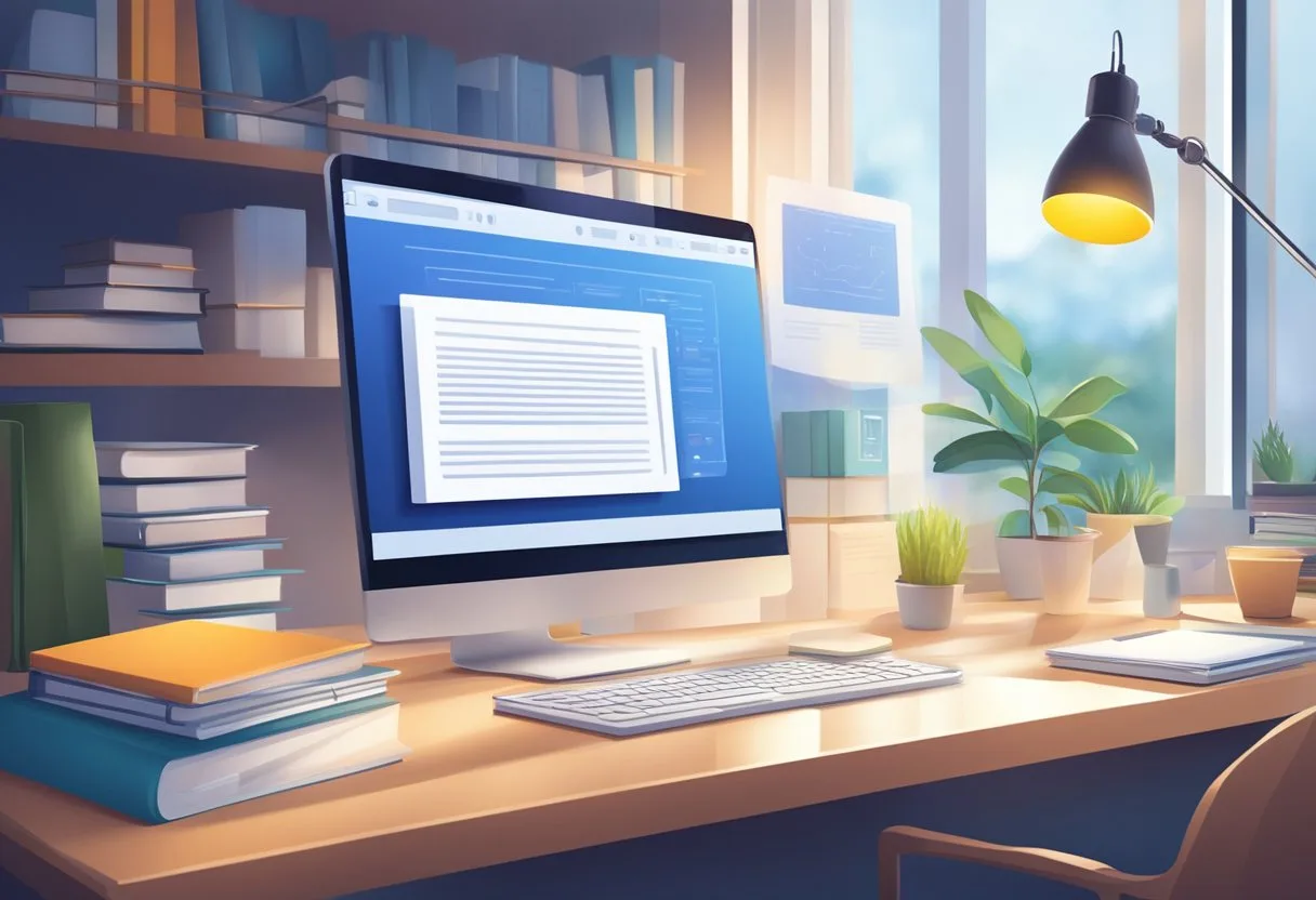Las Mejores Herramientas de IA para Investigación Académica: Guía Completa 6 A computer with AI software improving academic writing. Books and research papers surrounding it. Bright light illuminating the workspace