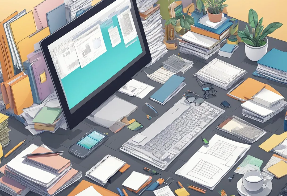 Las Mejores Herramientas de IA para Investigación Académica: Guía Completa 7 A cluttered desk with scattered papers and books, a computer running artificial intelligence software, and a neatly organized digital workspace