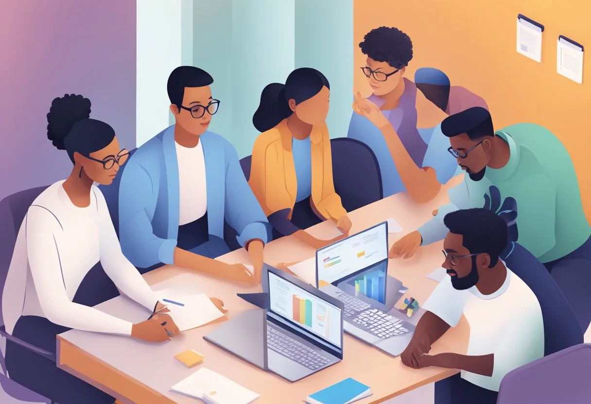 Las Mejores Herramientas de IA para Investigación Académica: Guía Completa 8 A group of diverse individuals collaborate and share knowledge using the best AI tools for academic research