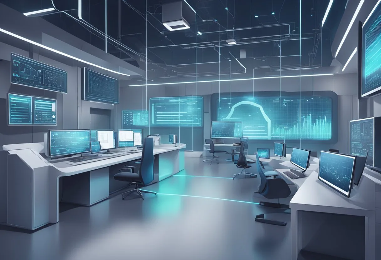 Las Mejores Herramientas de IA para Investigación Académica: Guía Completa 9 A futuristic laboratory with advanced AI tools and equipment for academic research, surrounded by digital screens displaying data and graphs