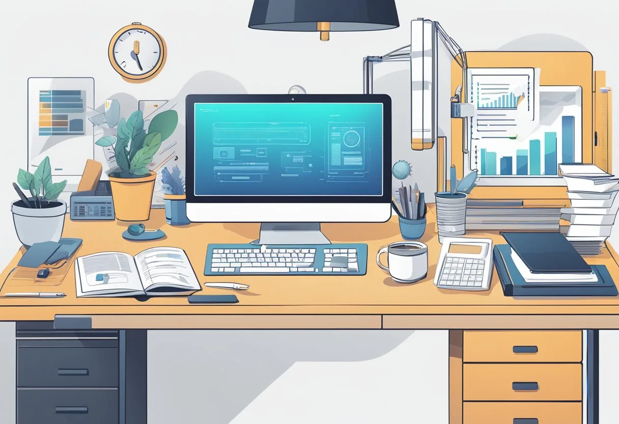 Las Mejores Herramientas de IA para Contabilidad: Una Guía Completa 4 A desk with a computer screen displaying accounting software, surrounded by AI tools like data analytics and machine learning algorithms