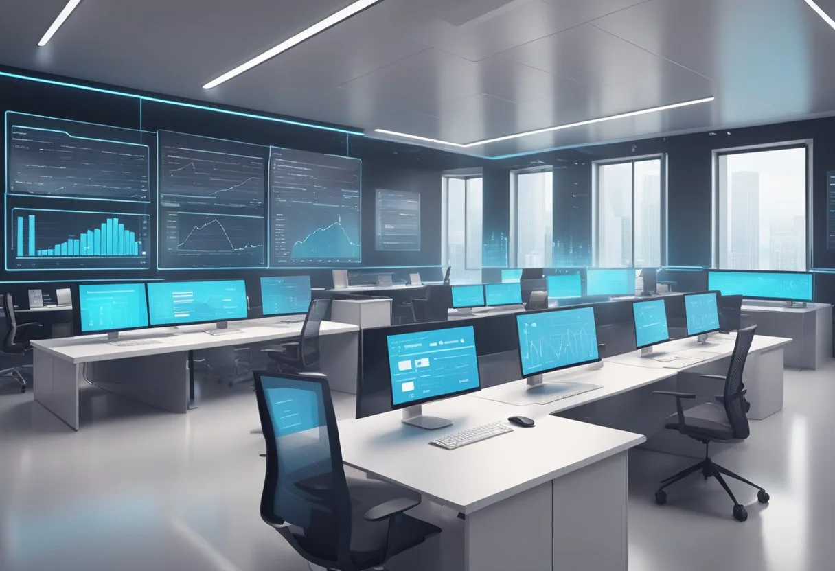 Las Mejores Herramientas de IA para Contabilidad: Una Guía Completa 5 A futuristic office with AI accounting tools displayed on holographic screens. Advanced technology seamlessly integrates with traditional accounting methods