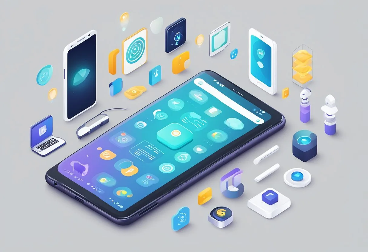Las Mejores Herramientas de IA para Android: Una Guía Completa 1 A smartphone with AI tools displayed on the screen, surrounded by various technological icons and symbols