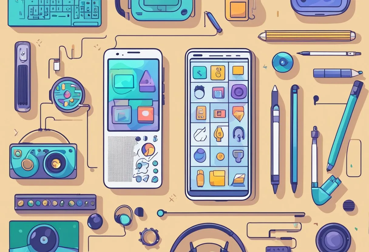 Las Mejores Herramientas de IA para Android: Una Guía Completa 3 A smartphone with AI tools displayed on the screen, surrounded by creative and entertainment-related objects such as art supplies, musical instruments, and gaming controllers