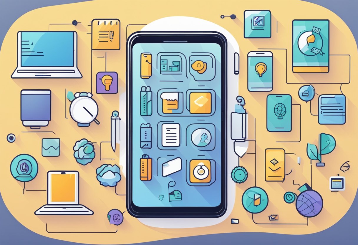 A smartphone with various productivity and organization apps open, surrounded by AI icons
