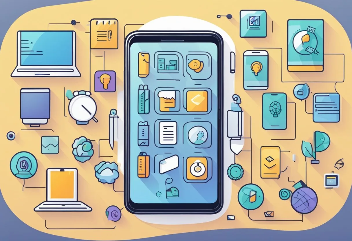 Las Mejores Herramientas de IA para Android: Una Guía Completa 4 A smartphone with various productivity and organization apps open, surrounded by AI icons
