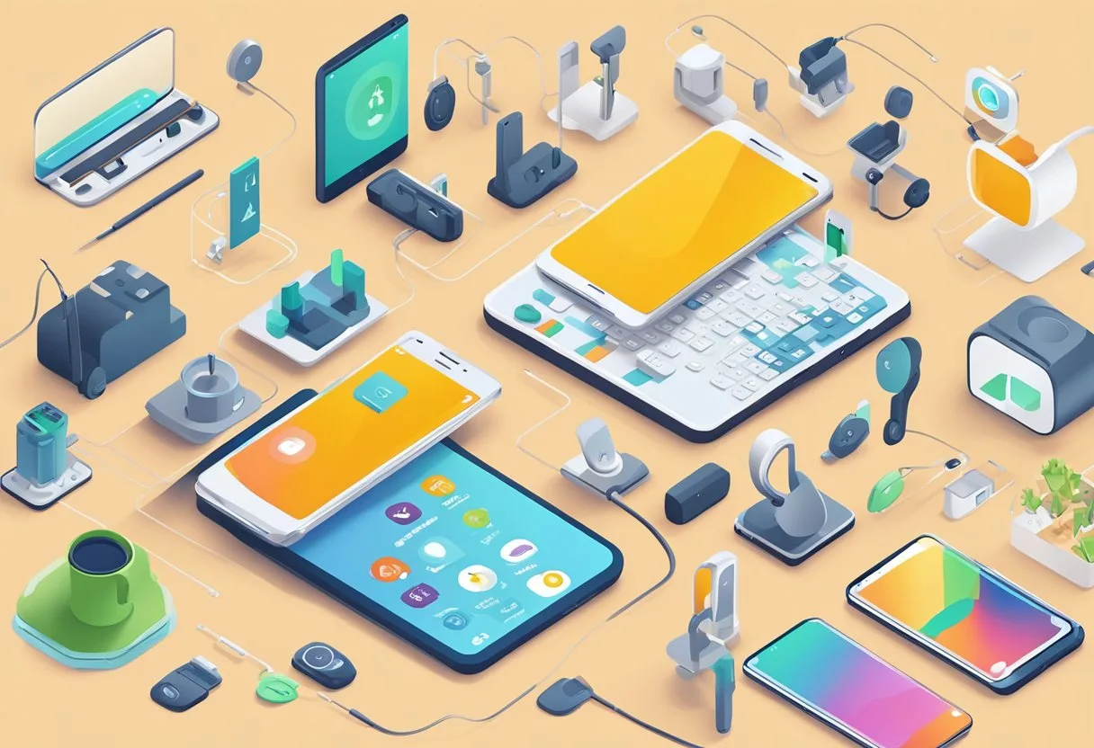 Las Mejores Herramientas de IA para Android: Una Guía Completa 5 A smartphone with AI accessibility tools displayed on the screen, surrounded by various assistive devices for Android users
