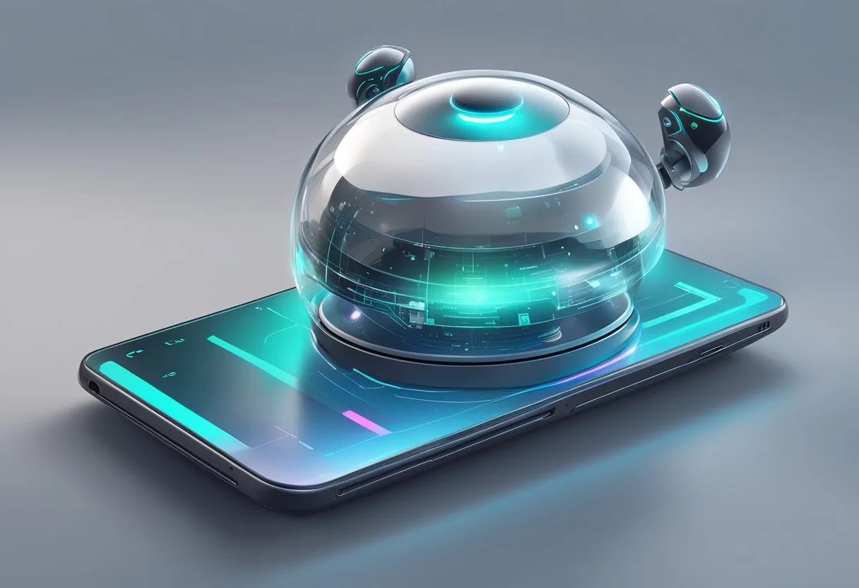 Las Mejores Herramientas de IA para Android: Una Guía Completa 6 A futuristic Android device with advanced AI tools displayed on a sleek interface