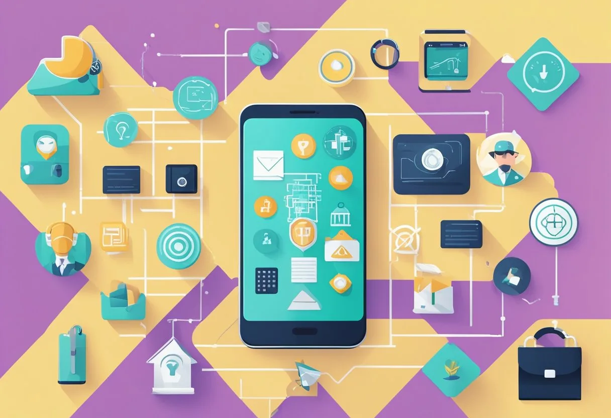 Las Mejores Herramientas de IA para Android: Una Guía Completa 7 A mobile phone with AI tools displayed on the screen, surrounded by security symbols and ethical guidelines