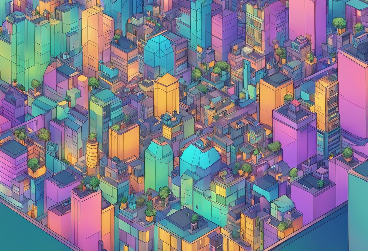 A colorful, futuristic cityscape with AI avatars interacting and conversing in a bustling urban environment