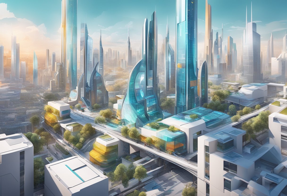 A futuristic cityscape with AI-powered design tools in use by architects