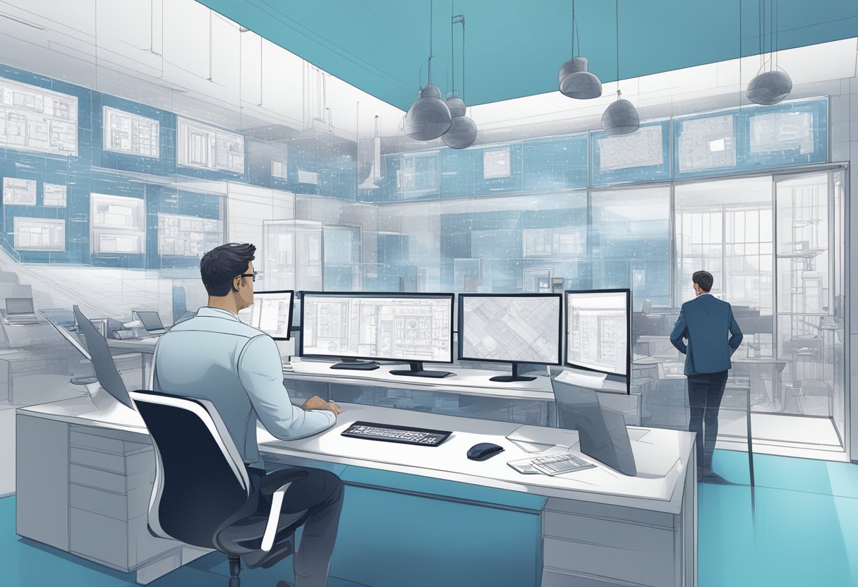 An architect uses AI tools to plan and manage a project, surrounded by architectural blueprints and computer screens displaying AI software