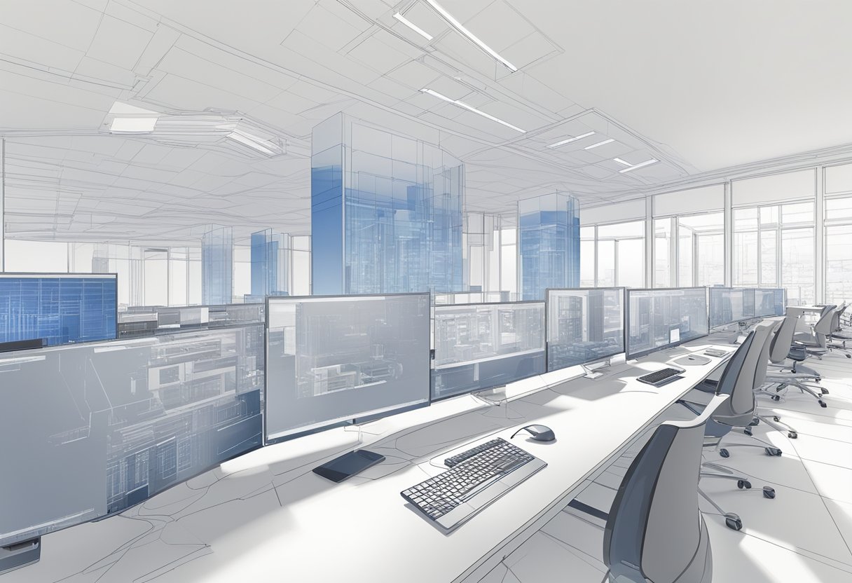 A modern architectural design software in use, with AI tools enhancing the workflow. Blueprints and 3D models displayed on a computer screen