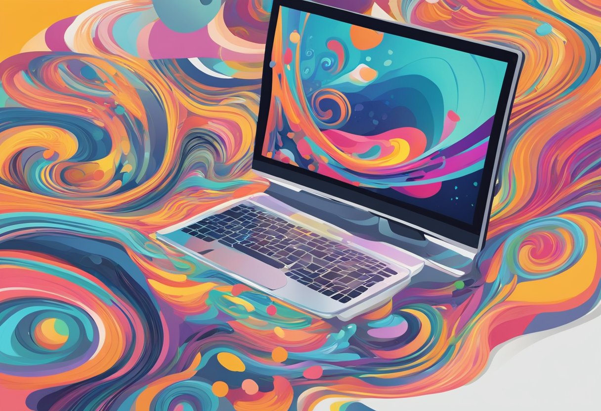 A palette of vibrant colors swirls around a computer screen, as a digital brush creates intricate patterns and shapes. AI algorithms hum in the background, assisting the artist in their creative process