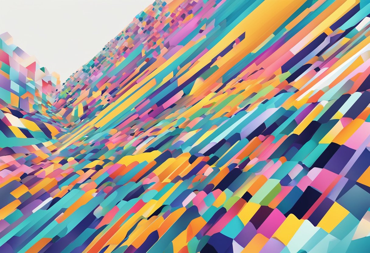 An AI program creating art using digital tools and algorithms. Bright colors and intricate patterns emerge on a blank canvas