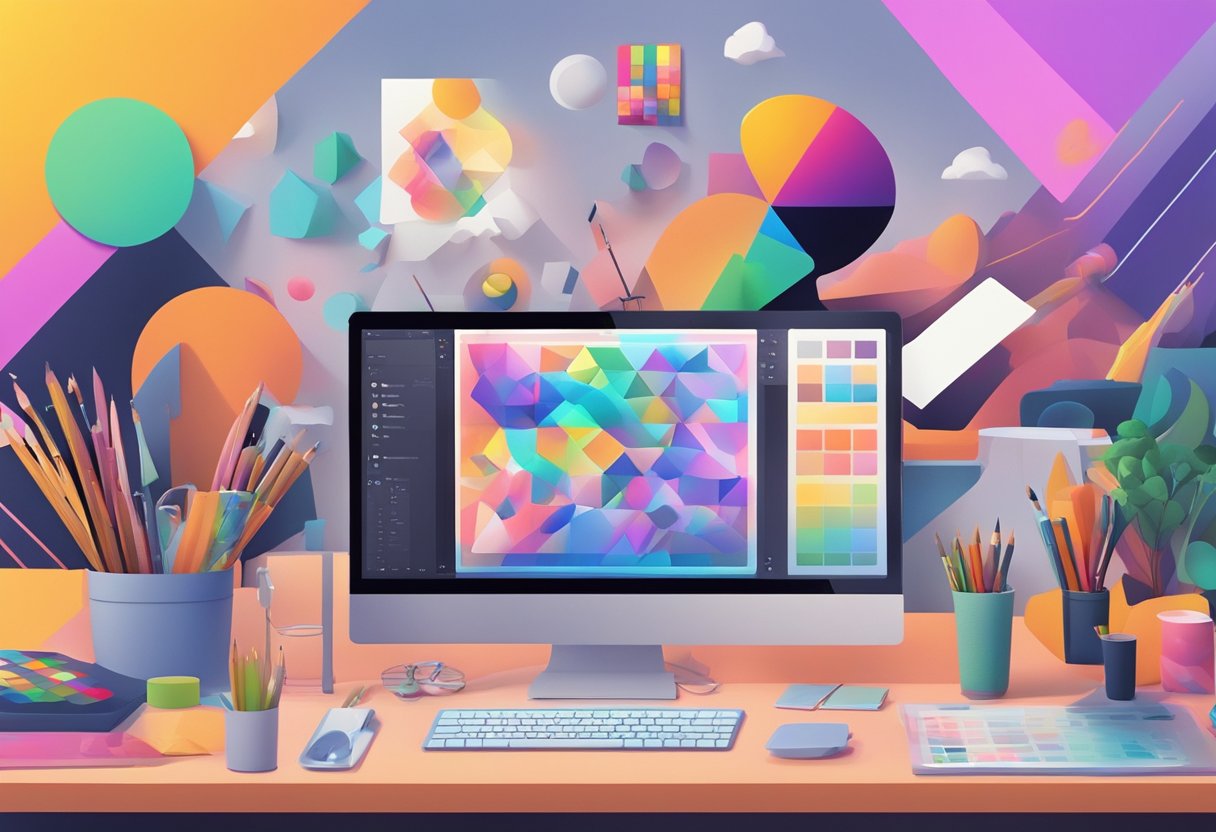 A palette of vibrant colors and various digital art tools arranged neatly on a desk, with a computer screen displaying an intricate AI-generated artwork