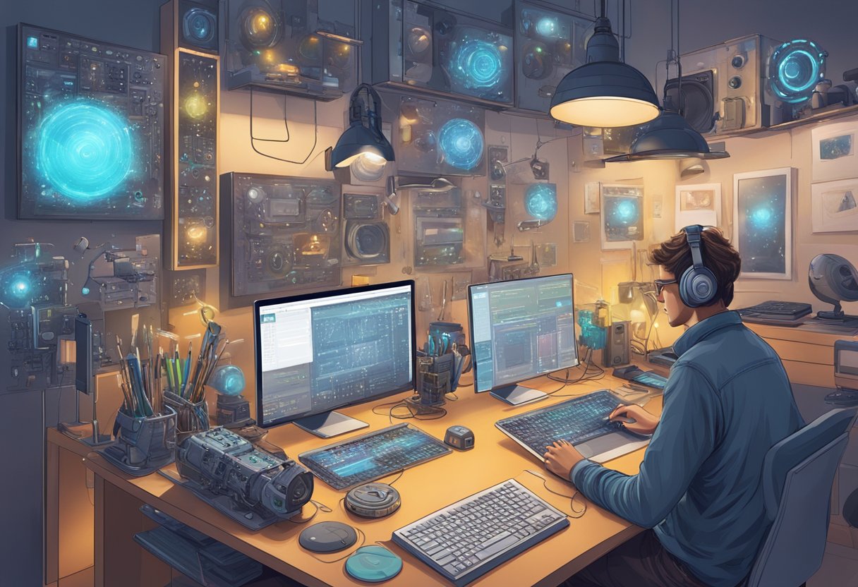 A digital artist using AI tools to enhance their work, surrounded by a variety of AI software and hardware
