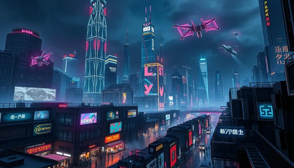 Ciudades cyberpunk con skyline futurista