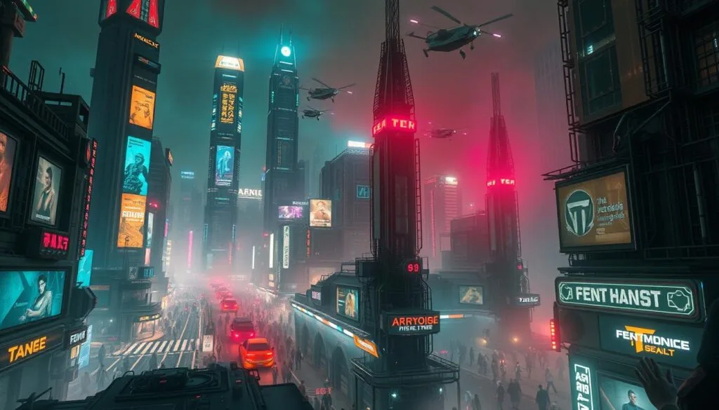 Componentes cyberpunk en una escena futurista