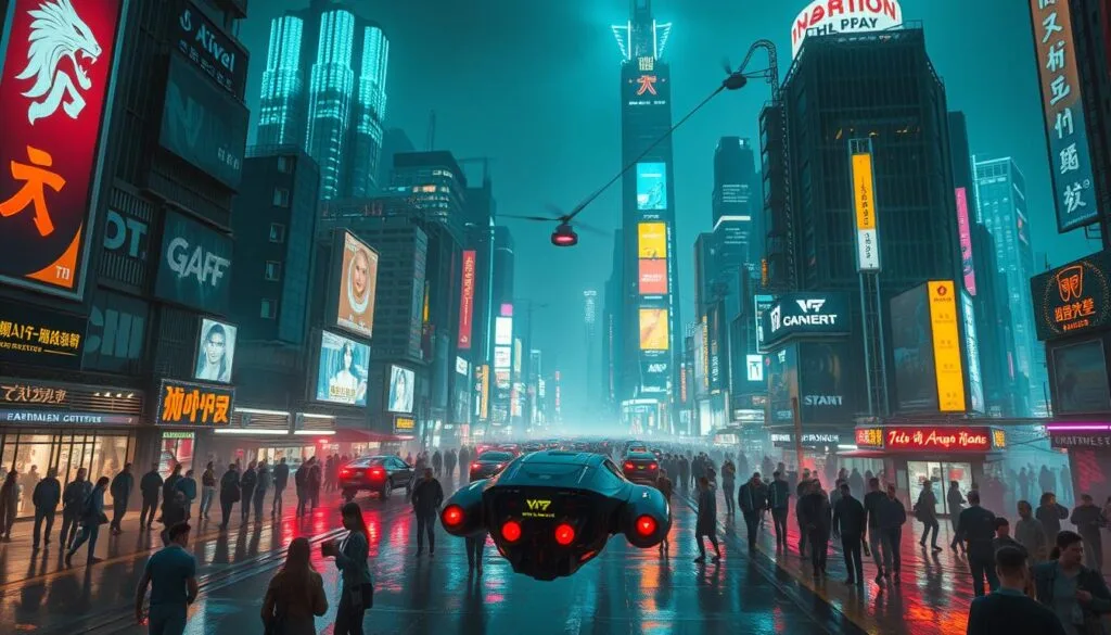Elementos cyberpunk en una escena futurista