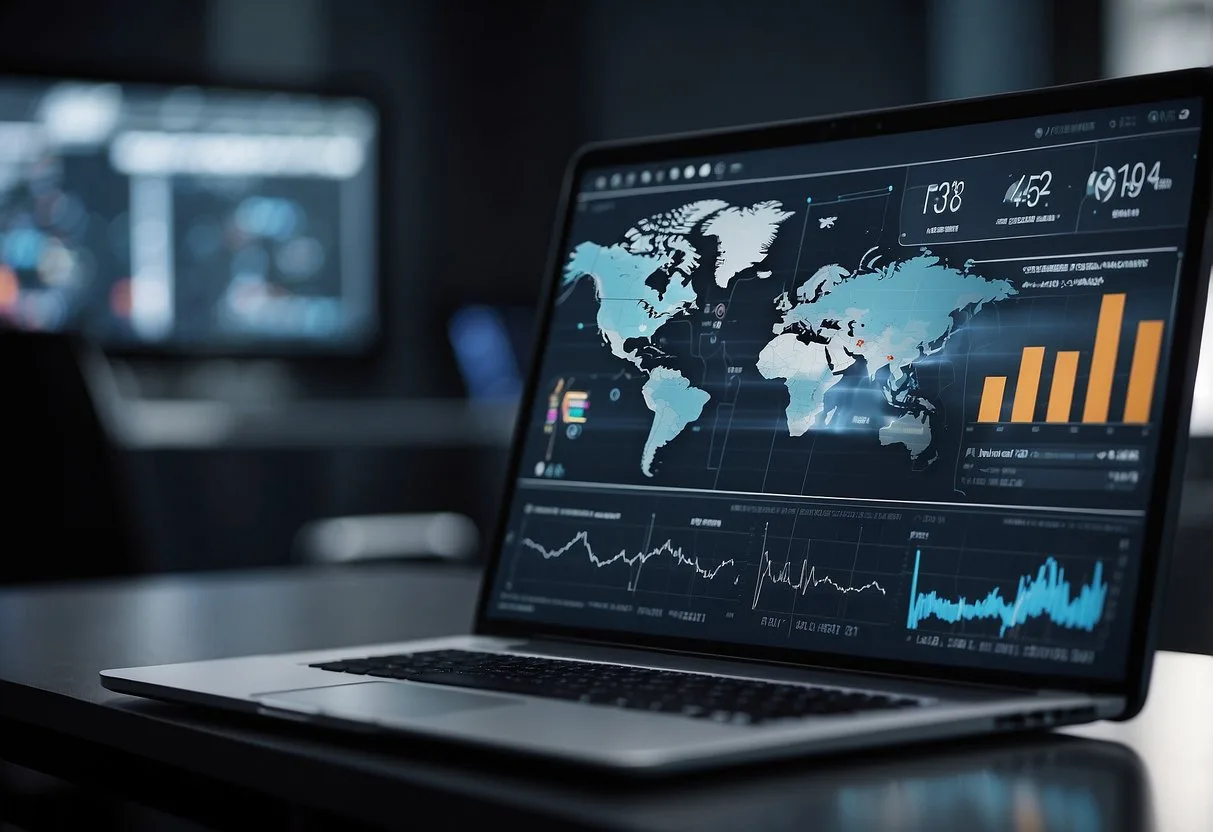 A computer screen displaying AI tools generating leads. Graphs and charts show data analysis