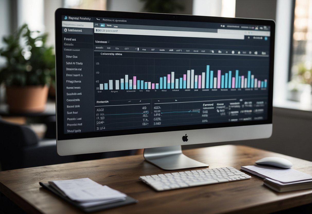 A computer screen displays Pardot's AI tools generating leads. Charts and graphs show data analysis and lead generation