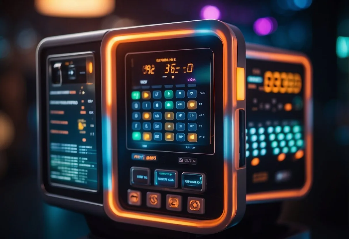 A colorful intercom with a digital display and buttons, surrounded by futuristic technology and glowing lights