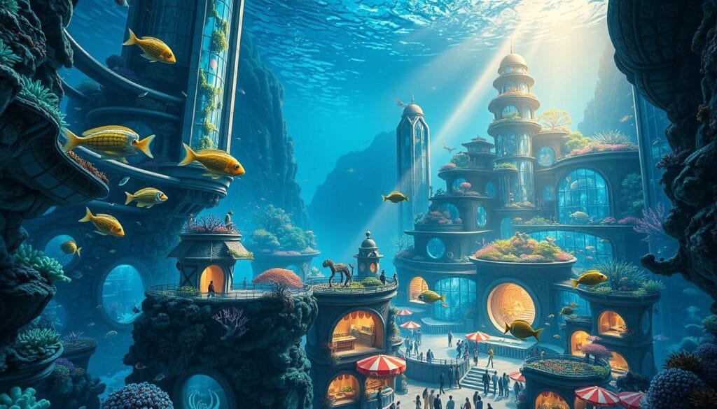 Mejores Prompts para Crear Imágenes de Ciudades Submarinas con IA 1 Prompt para crear imagen de Ciudades Submarinas