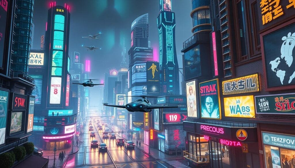 ciudad futurista con luces neón