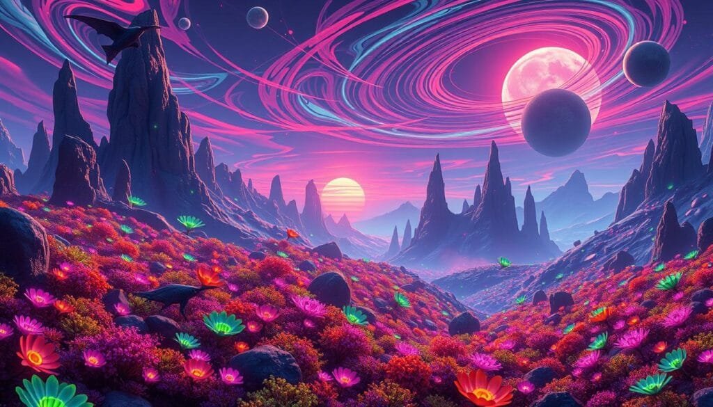 prompts para crear ilustraciones de ecosistemas alienígenas con ia