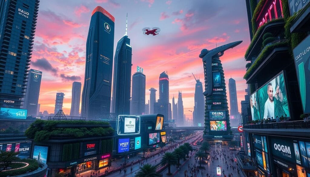 prompts para crear ilustraciones de paisajes urbanos futuristas con ia