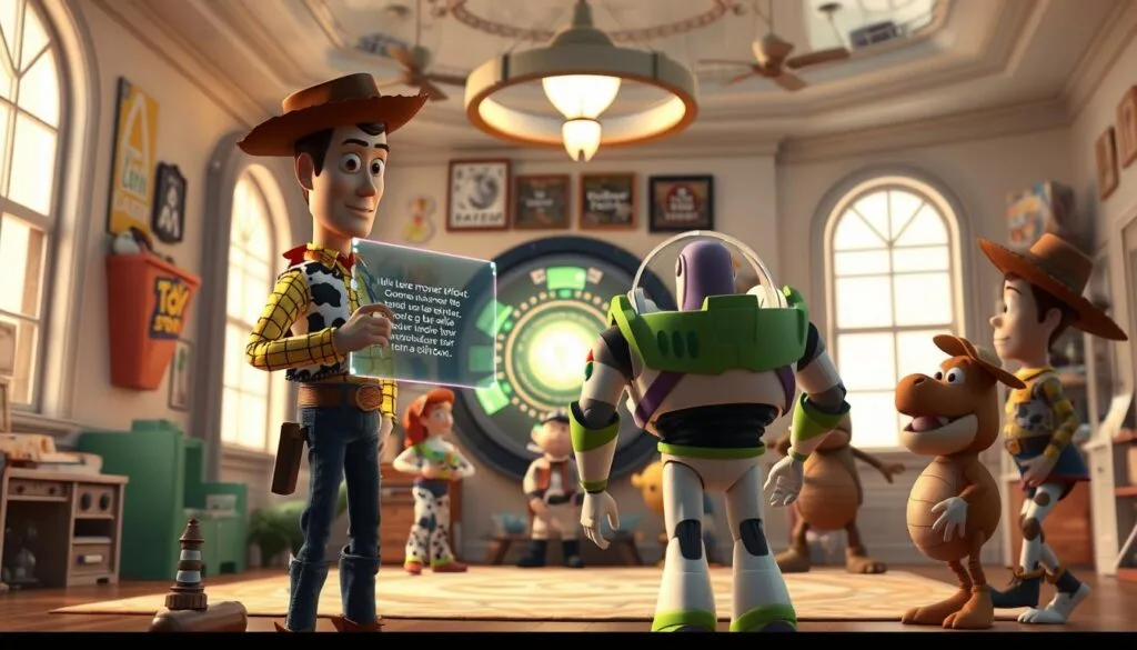 A Pixar-inspired scene of advanced prompt engineering techniques for Toy Story characters. In the foreground, Woody and Buzz Lightyear stand, their expressions focused as they discuss prompts on a floating holographic display. In the middle ground, other Toy Story characters - Jessie, Rex, Mr. Potato Head - surround a large, centralized AI system, its glowing core representing the power of prompt optimization. The background depicts a futuristic, high-tech Sunnyside Daycare, its walls adorned with Toy Story memorabilia and research materials. Warm, nostalgic lighting filters through the windows, creating a sense of wonder and discovery. The scene conveys the fusion of beloved characters with cutting-edge AI technology, showcasing the potential for advanced prompt engineering in the world of Toy Story.