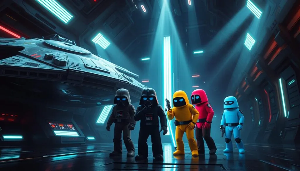 A Star Wars-themed space station, with the iconic Millennium Falcon docked on one side. In the foreground, several Among Us characters, their vibrant suits standing out against the dark, futuristic backdrop. The characters are posed in a tense, confrontational stance, hinting at a mysterious sabotage or infiltration. The lighting is a moody blend of neon-tinged shadows and harsh directional beams, creating a sense of high-stakes drama. The overall scene conveys a thrilling crossover between the whimsical world of Among Us and the epic grandeur of the Star Wars universe.