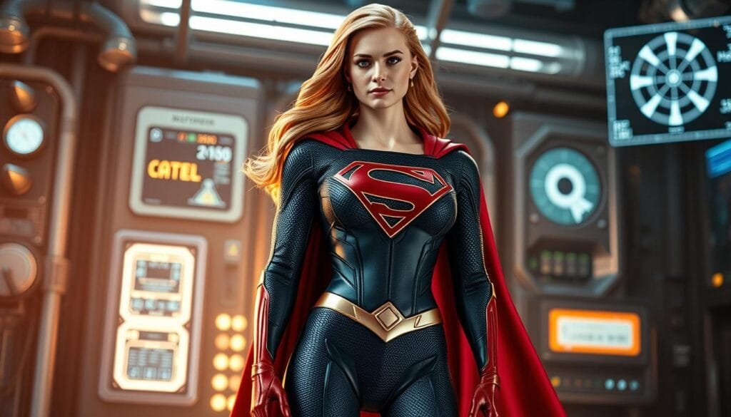 A Supergirl figure, her iconic costume rendered in striking detail, stands in a laboratory setting against a backdrop of futuristic machinery and holographic displays. The lighting is dramatic, with shadows and highlights emphasizing the heroine's confident pose and determined expression. The scene conveys a sense of technological innovation and the integration of human heroism with artificial intelligence. The overall mood is one of power, progress, and the convergence of the extraordinary and the scientific.
