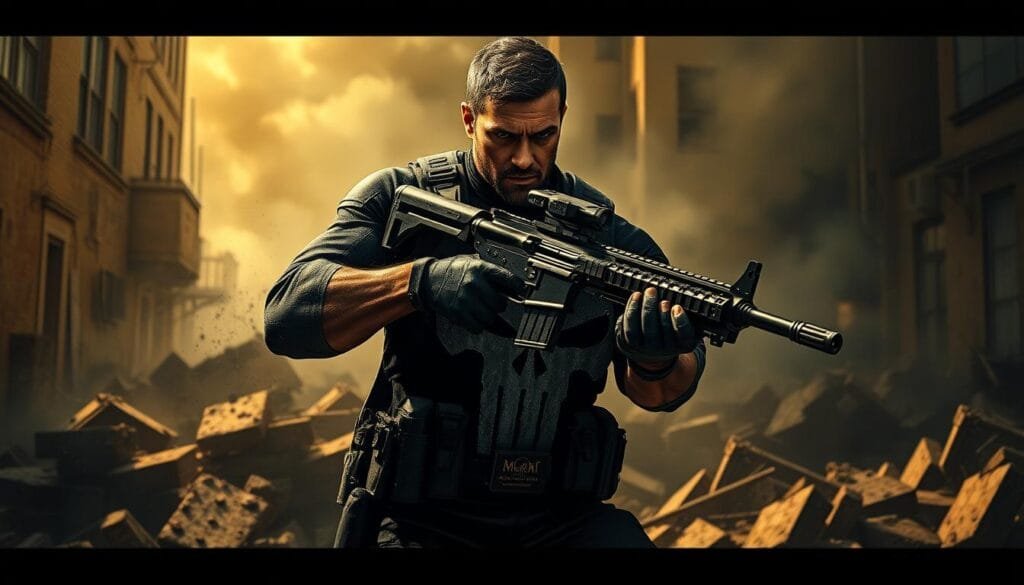 A battle-hardened Punisher stands tall, his dark uniform stained with the grime of combat. Grasping a sleek assault rifle, he takes aim with unwavering focus, his intense gaze piercing through the chaos of the urban warzone around him. Rubble and debris litter the ground, casting dramatic shadows that accentuate the Punisher's chiseled features and the raw determination etched on his face. Streaks of golden light filter through the smoke-filled air, illuminating the scene with a sense of gritty realism. The Punisher is the embodiment of relentless vengeance, a solitary warrior locked in a righteous struggle against the forces of evil.