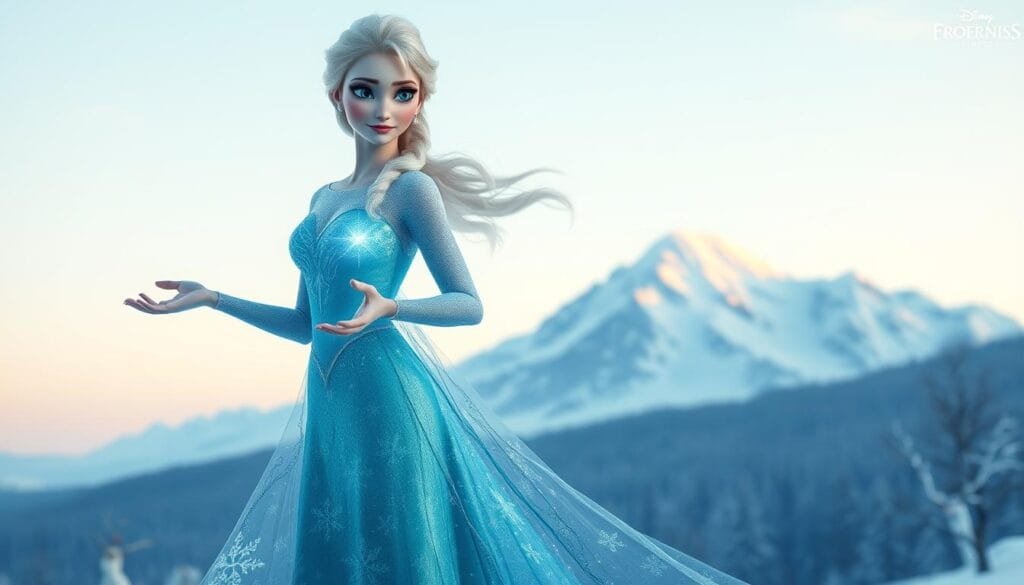 A beautiful, magical portrait of Elsa from the Frozen franchise, standing tall and graceful in a winter wonderland. In the foreground, Elsa's elegant, icy-blue dress shimmers with intricate snowflake patterns, her hair flowing in an ethereal, windswept style. She holds her hands out, emanating a glowing, crystalline energy that illuminates the scene. In the middle ground, a majestic, snow-capped mountain range rises in the distance, the sky a serene gradient of pale blues and lavenders. The lighting is soft and diffused, casting a dreamlike, enchanting atmosphere. The overall composition evokes a sense of wonder, power, and the beauty of nature's winter magic.