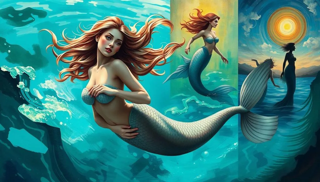 A beautiful mermaid known as "La Sirenita" depicted in various artistic styles. In the foreground, she gracefully swims through the turquoise waters, her flowing hair and shimmering scales captured in the impressionistic brushstrokes of a Monet-inspired seascape. In the middle ground, the mermaid's form is rendered in the dynamic, cubist angles of a Picasso-esque interpretation. In the background, a dreamlike, surrealist landscape unfolds, with the mermaid's silhouette emerging from the depths, as if from the subconscious of a Dalí-esque imagination. Dramatic lighting and carefully considered camera angles heighten the sense of wonder and mystique surrounding this iconic mythical creature.